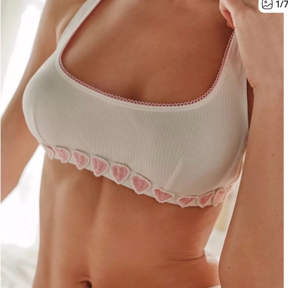 UO White Ribbed Bralette with Pink Heart Trim 💕